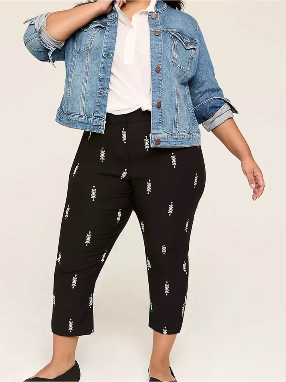 Lane Bryant Black Capri Crop Pants with White Floral Embroidery